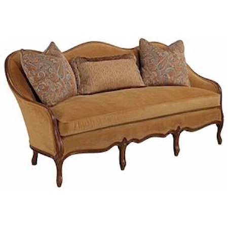 Traditional French Sofa with Exposed Wood Camel Back and Loose Back Pillows